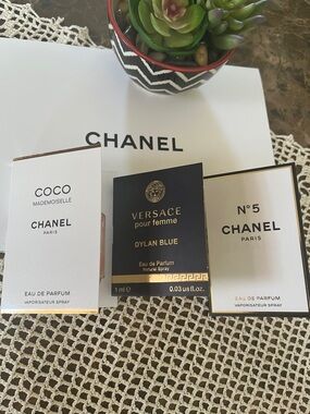 🆕 Perfume Samples Set of 3- Chanel No5~Chanel Mademoiselle~Versace Dylan Blue